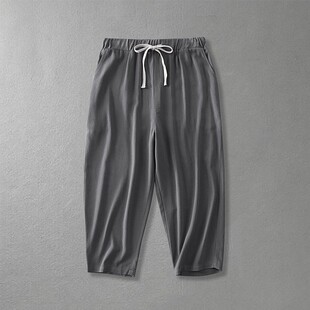 男夏季 360斤特大码 胖子垂感棉麻7分休闲裤 子宽松七分裤 亚麻阔腿裤