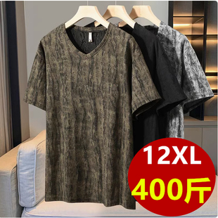 400斤特大码男装V领短袖t恤男日韩潮ins欧版宽松胖子加肥加大体恤