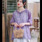 新款 森系文艺复古苎麻刺绣宽松大码 木耳领系带中袖 夏季 衬衫