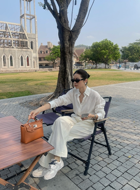 白色苎麻衬衫松弛感春秋薄款长袖衬衣高级感法式上衣 SSZ252051