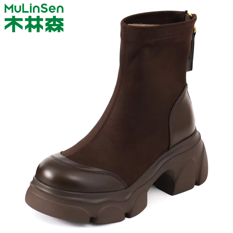 木林森冬季瘦瘦靴百搭厚底短靴