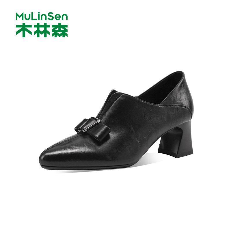 木林森女鞋2026春季新款尖头粗跟单鞋高跟鞋女士软底蝴蝶结小皮鞋,女鞋,深口单鞋,淘宝优惠券,粉丝福利购,淘宝优惠卷