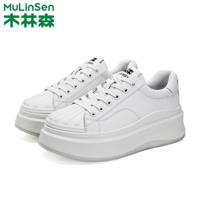 木林森女鞋2025春季新款松糕厚底增高小白鞋女贝壳头运动休闲板鞋