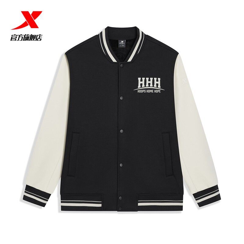 特步男子加绒棒球服夹克春款美式复古青少年篮球运动外套宽松百搭