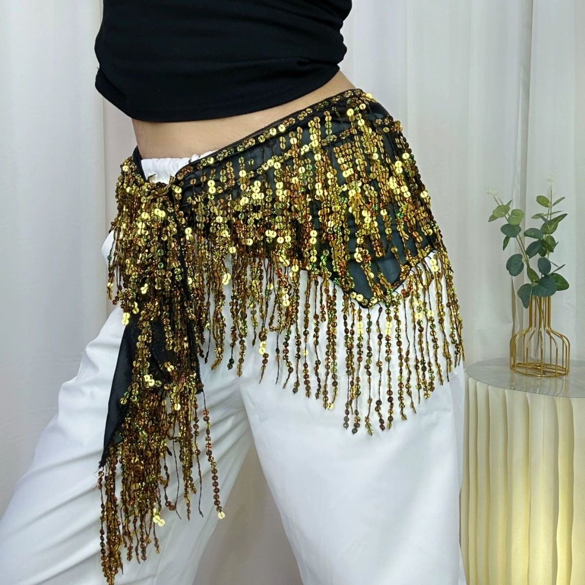 新款街舞腰链爵士舞配饰加密亮片流苏腰带肚皮舞屁帘腰巾百搭腰搭