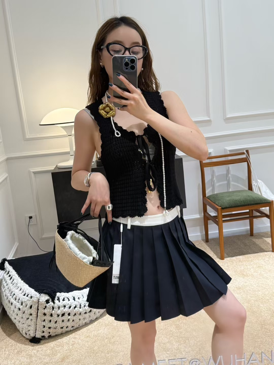 SASAMEET官方授权 ICEDUST撞色百褶短半裙女25夏薄显瘦A字半身裙