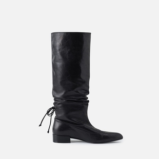 SASAMEET官方授权 ICEDUST绑带褶皱尖头真皮长靴 厚底牛皮长筒靴