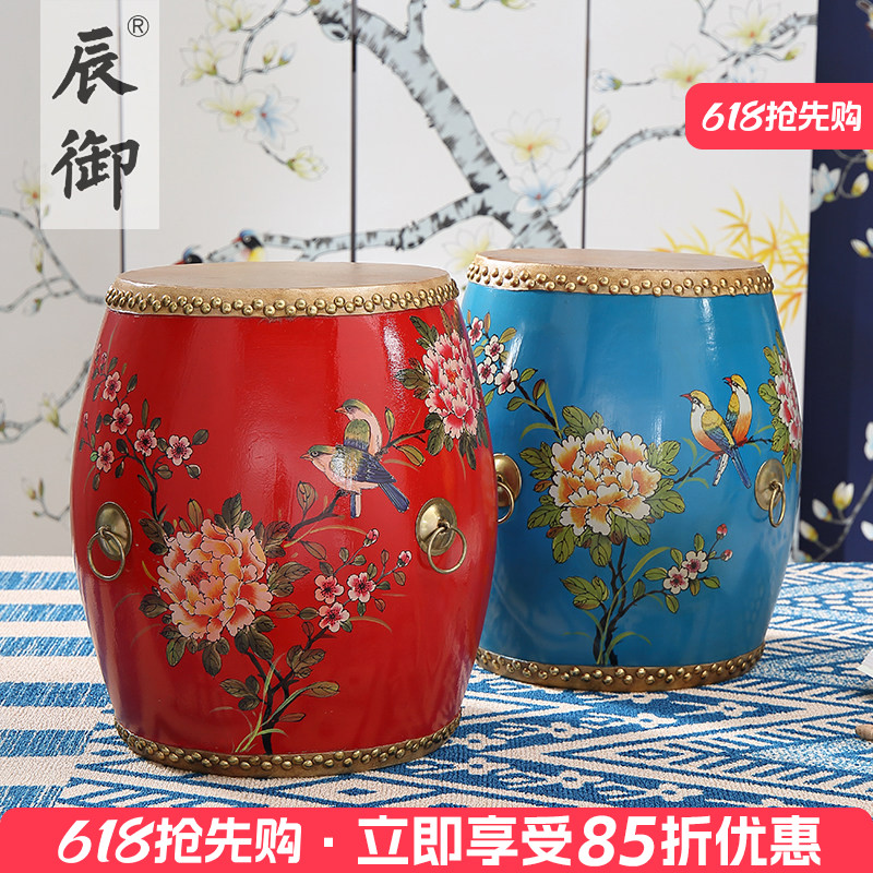 45CM特色鼓凳牛皮实木手绘彩绘新中式换鞋凳圆凳矮凳梳妆鼓墩做旧