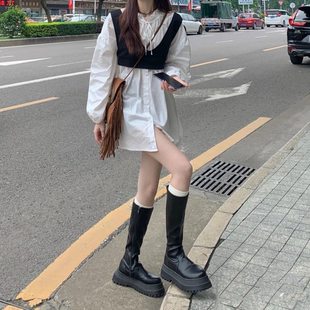 長靴彈力套筒不過膝靴側拉鏈高筒靴 網紅厚底長筒靴女2021秋韓版