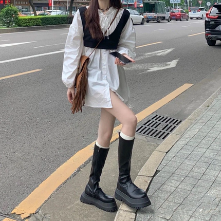 网红厚底长筒靴女2021秋韩版长靴弹力套筒不过膝靴侧拉链高筒靴