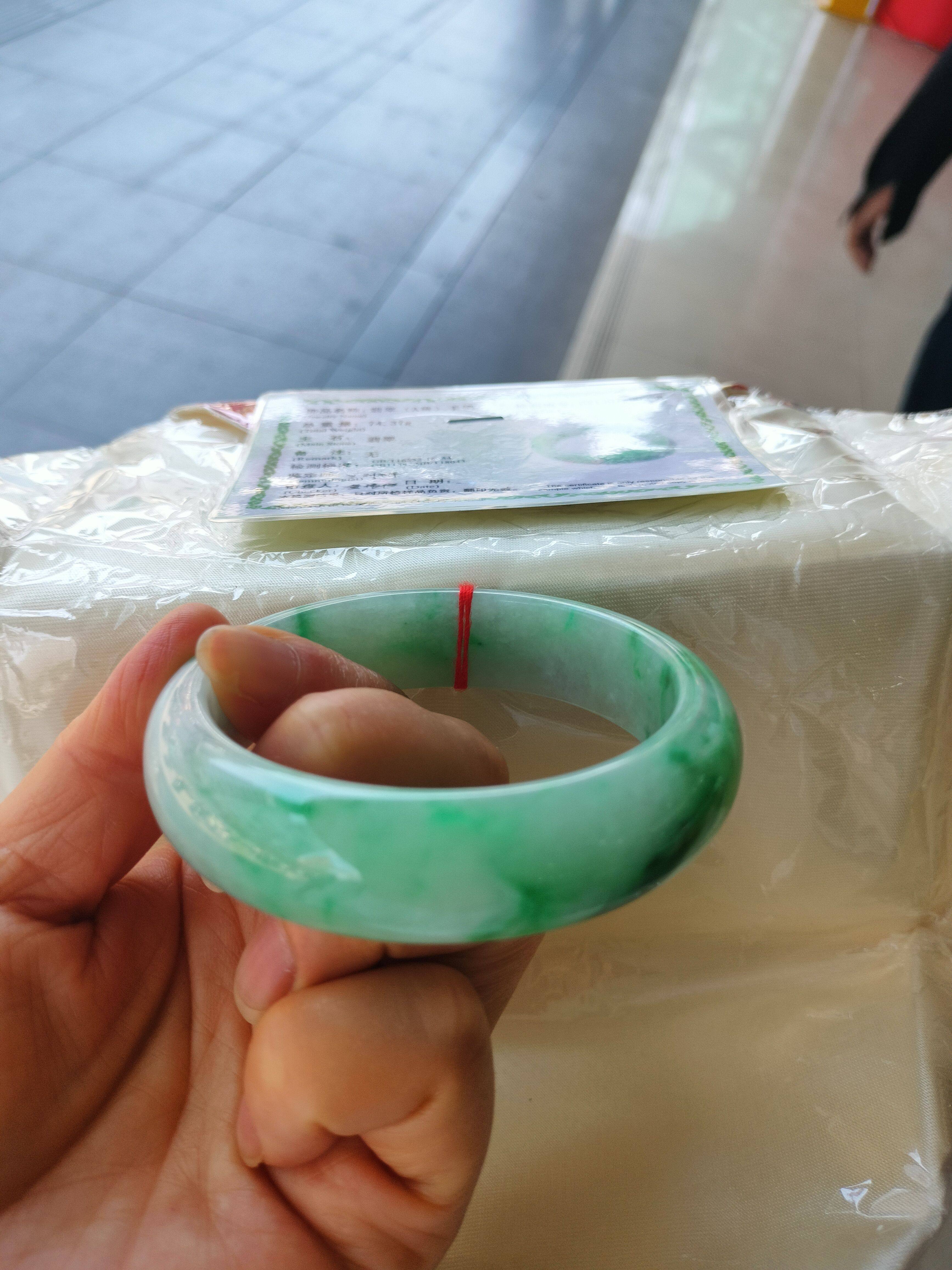 缅甸翡翠手镯天然A货冰糯阳绿飘花58.5 正品送证书11R