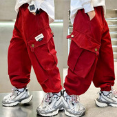 子痞帅气宽松中大童男孩休闲裤 男童红色工装 儿童裤 春秋2025新款 裤