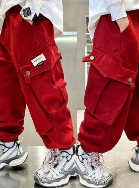 男童红色工装裤春秋2025新款儿童裤子痞帅气宽松中大童男孩休闲裤