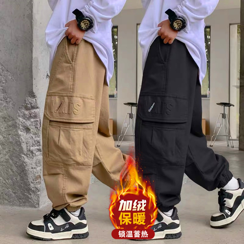 男童工装裤一体绒2026新款秋冬季儿童加绒裤子中大童装宽松休闲裤