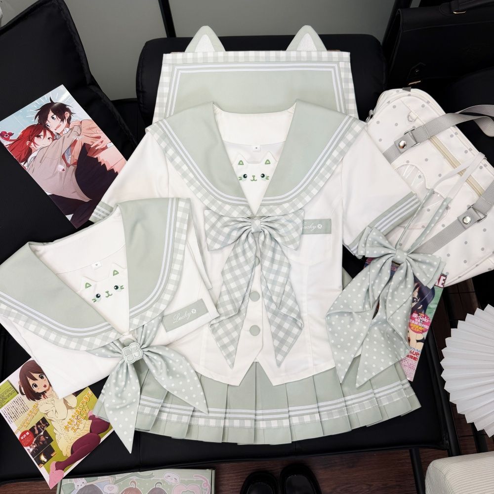 【卿茉】水手服套装广末jk原创春夏季长袖小清新四叶草刺绣水手服