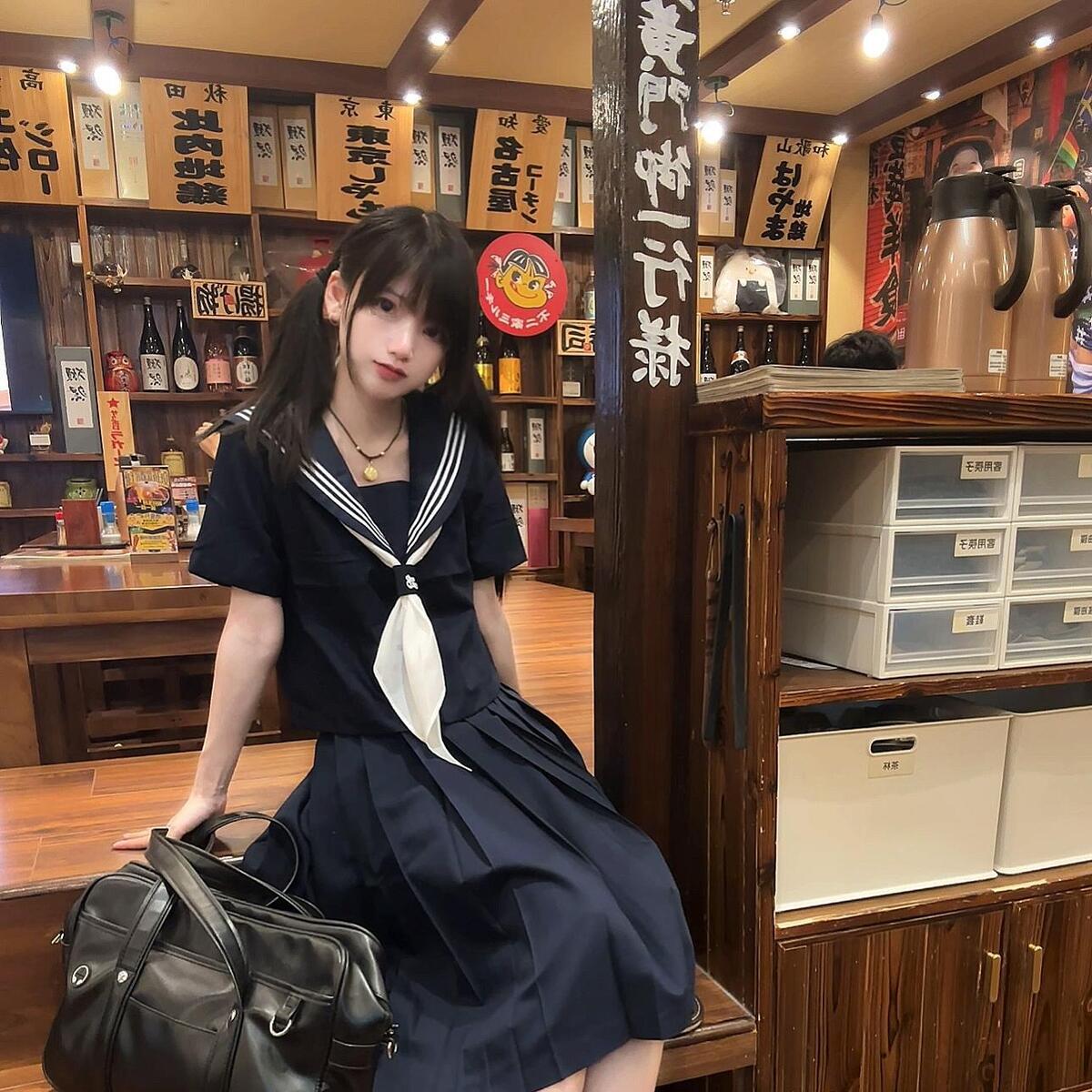桔梗原创正版基础款绀色短袖水手服校供感学院风jk制服中长裙套装