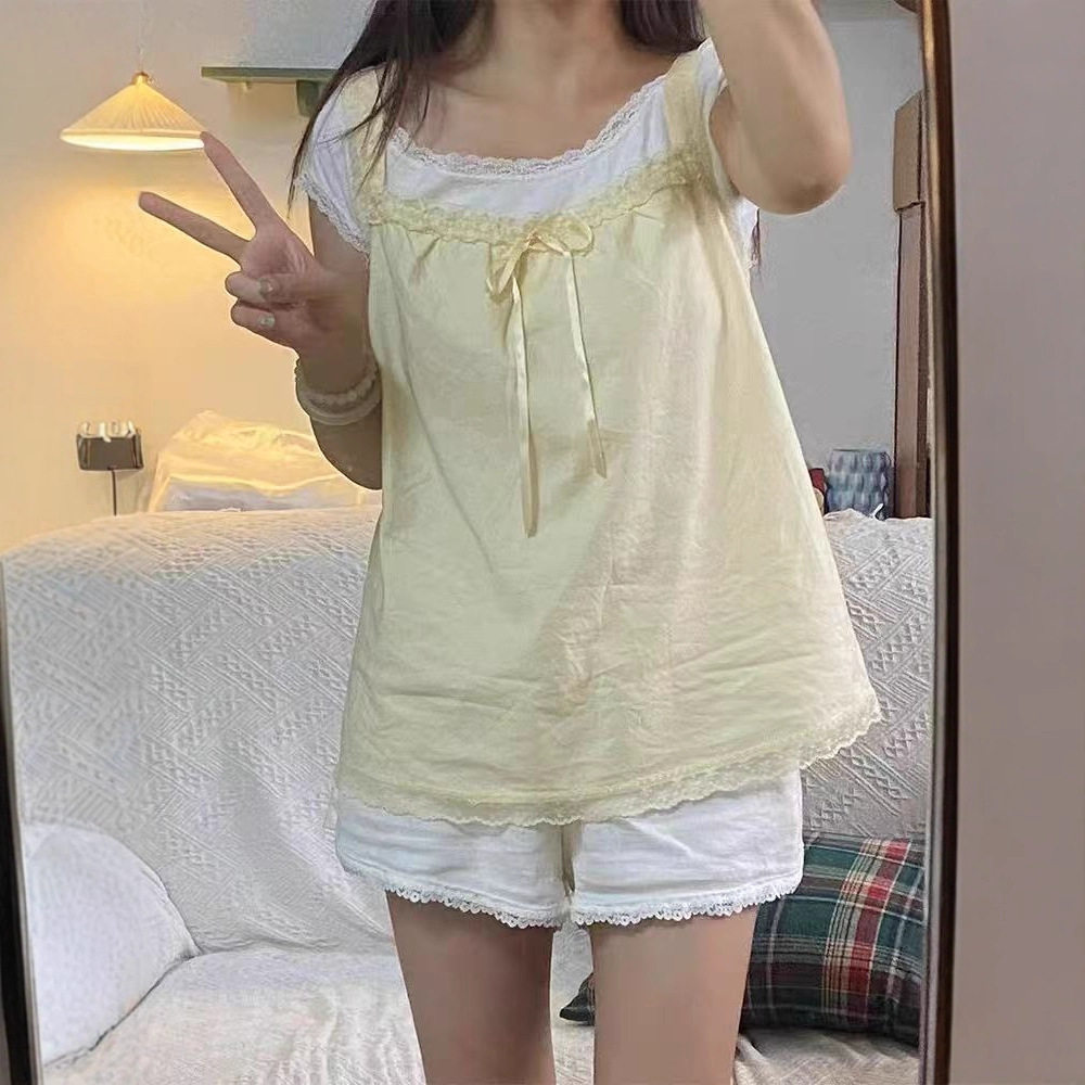鹅黄色蕾丝蝴蝶结吊带背心