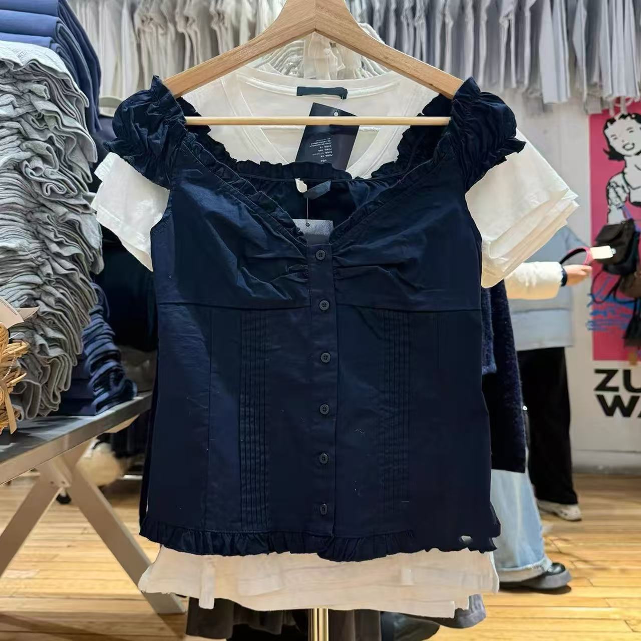 小海鸥纯欲褶皱荷叶边短袖