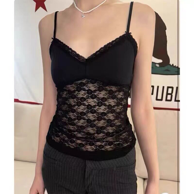 小海鸥V领蕾丝蝴蝶结吊带