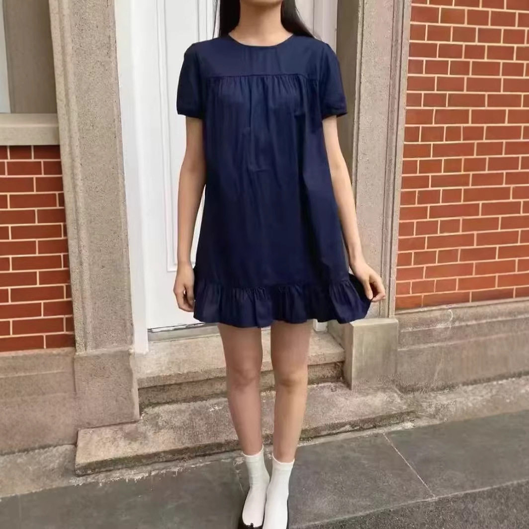 小海鸥藏蓝荷叶边连衣裙