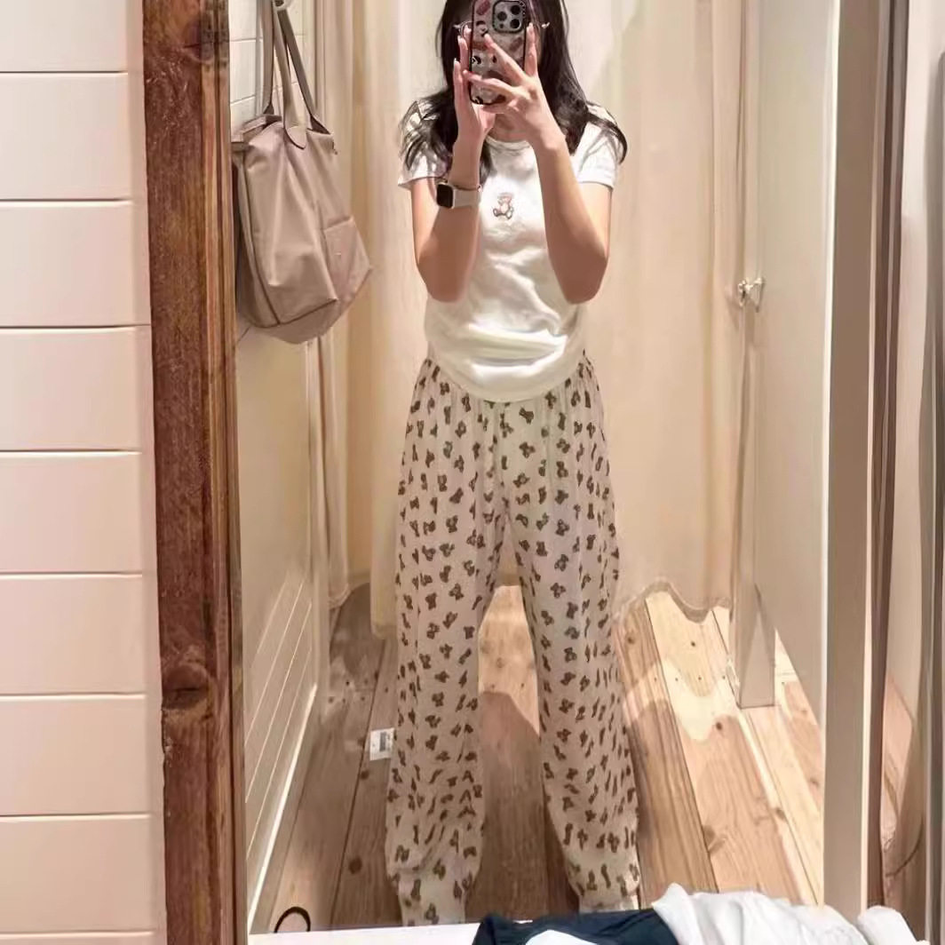 小海鸥小熊印花高腰直筒裤