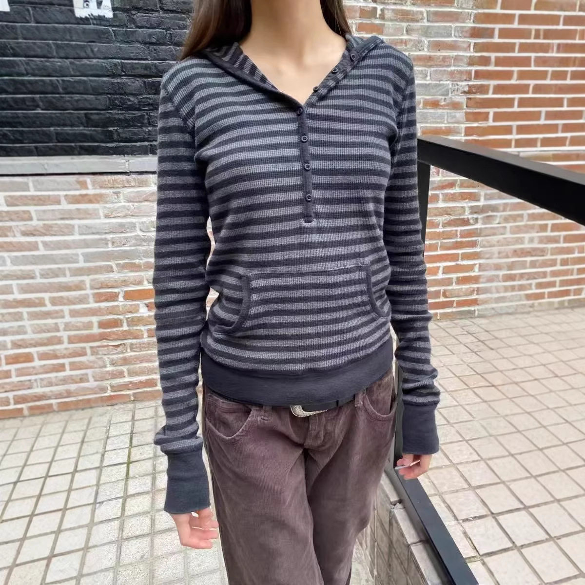 复古条纹连帽长袖T恤女
