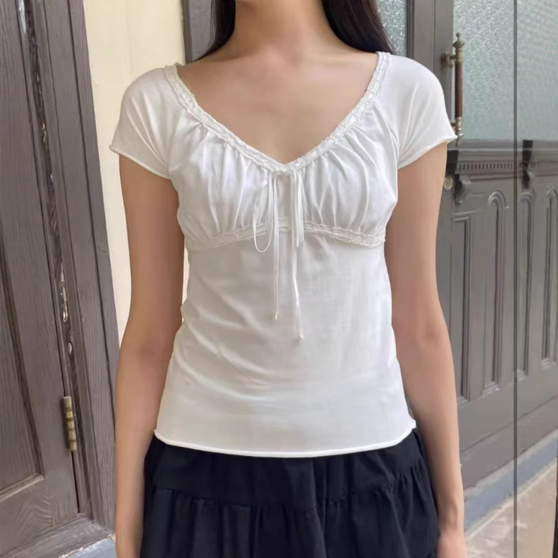 小海鸥美式V领蝴蝶结T恤
