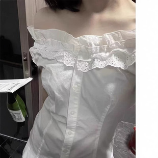 小海鸥白色花边娃娃领收腰一字肩短袖衬衫上衣女夏季百搭泡泡袖衬
