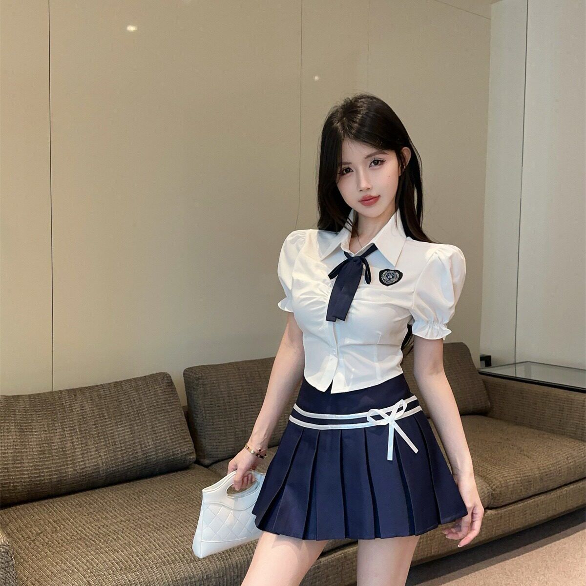 学院风JK制服辣妹套装2026夏季短袖上衣领结衬衫高腰显瘦百褶短裙