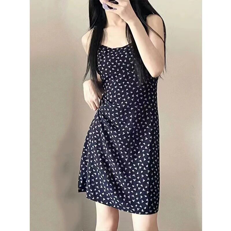 小海鸥藏蓝玫瑰碎花收腰裙