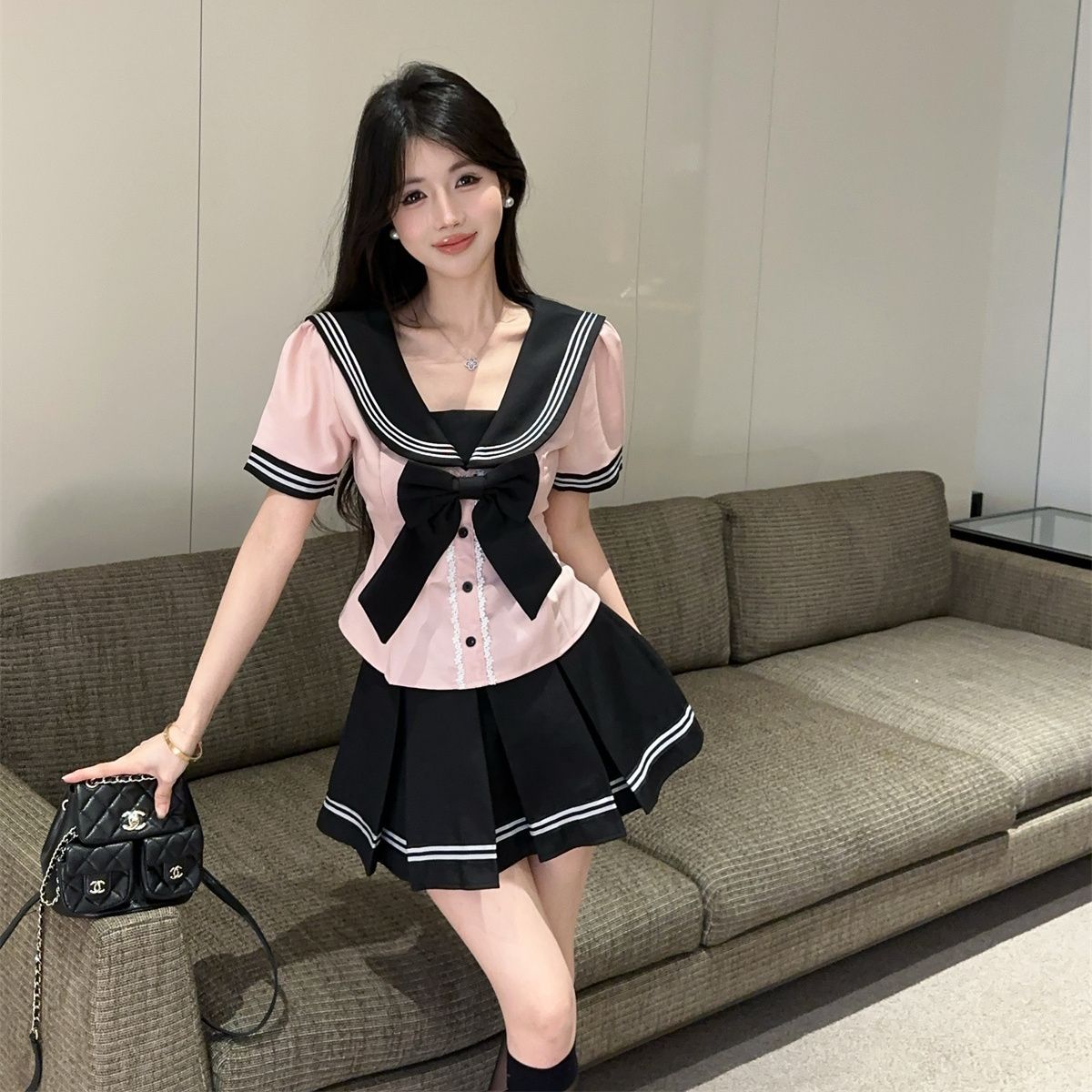 学院风辣妹套装jk制服海军领蝴蝶结短袖衬衫百褶裙修身显瘦两件套