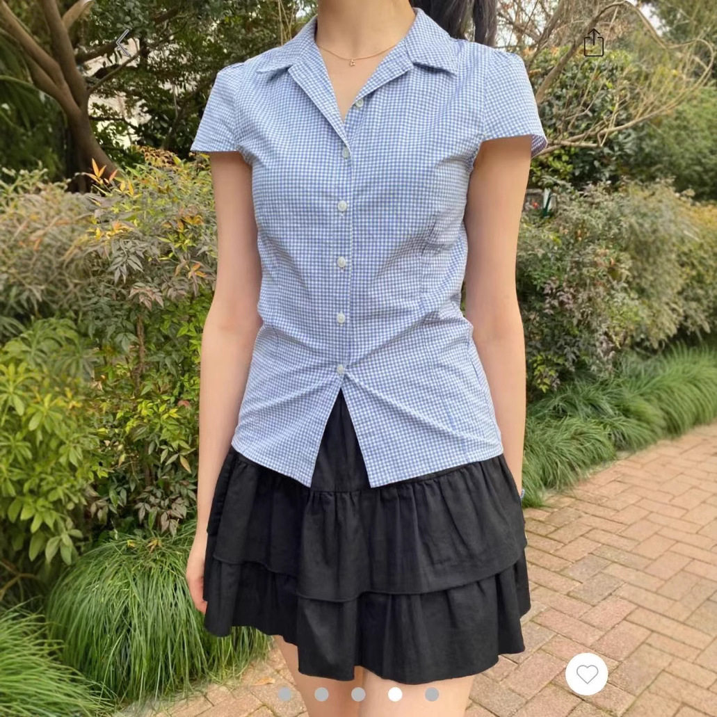 小海鸥格子翻领短袖女衬衫
