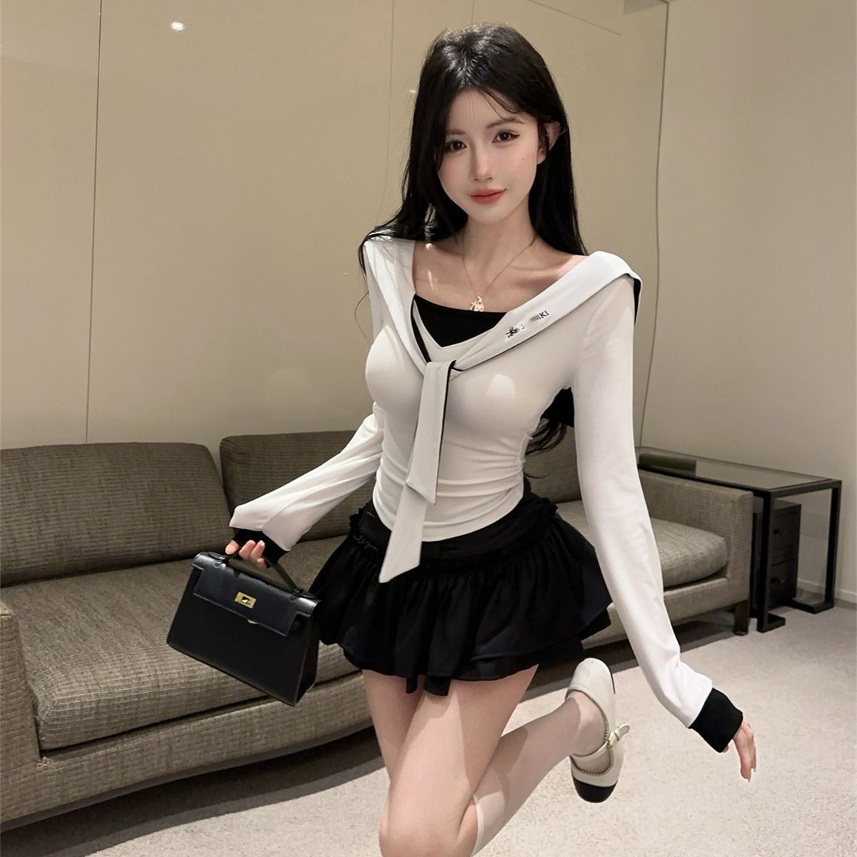 学院风jk制服时尚套装新款假两件减龄长袖显瘦上衣高腰蓬蓬半身裙