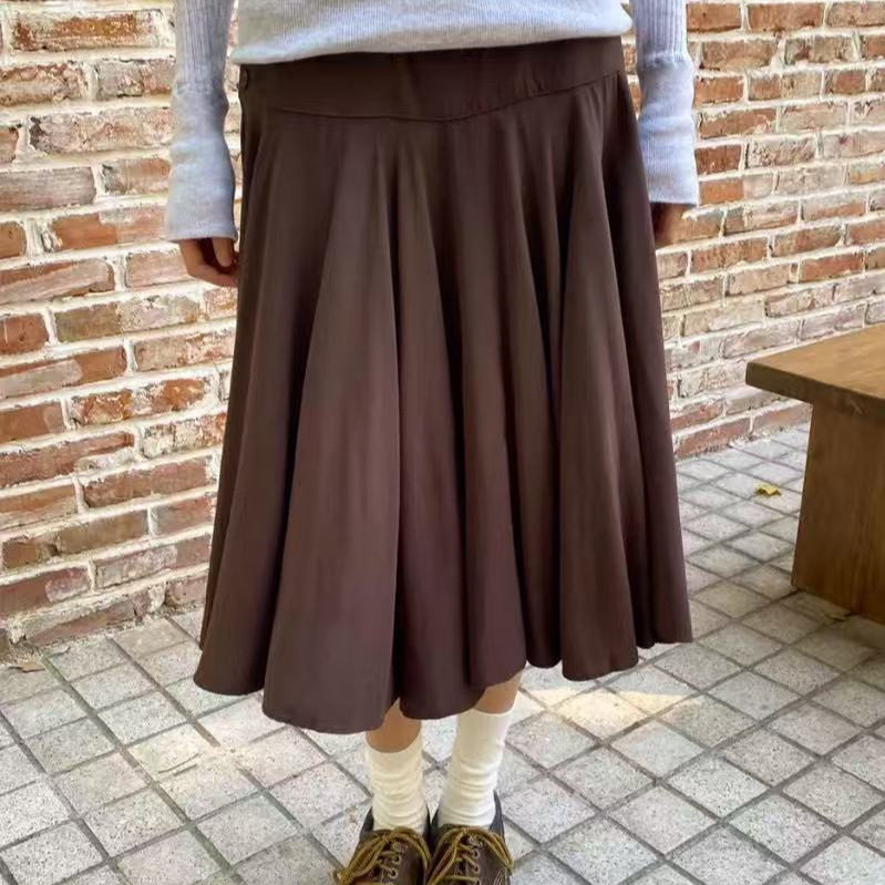 小海鸥美式复古棕色百褶半裙