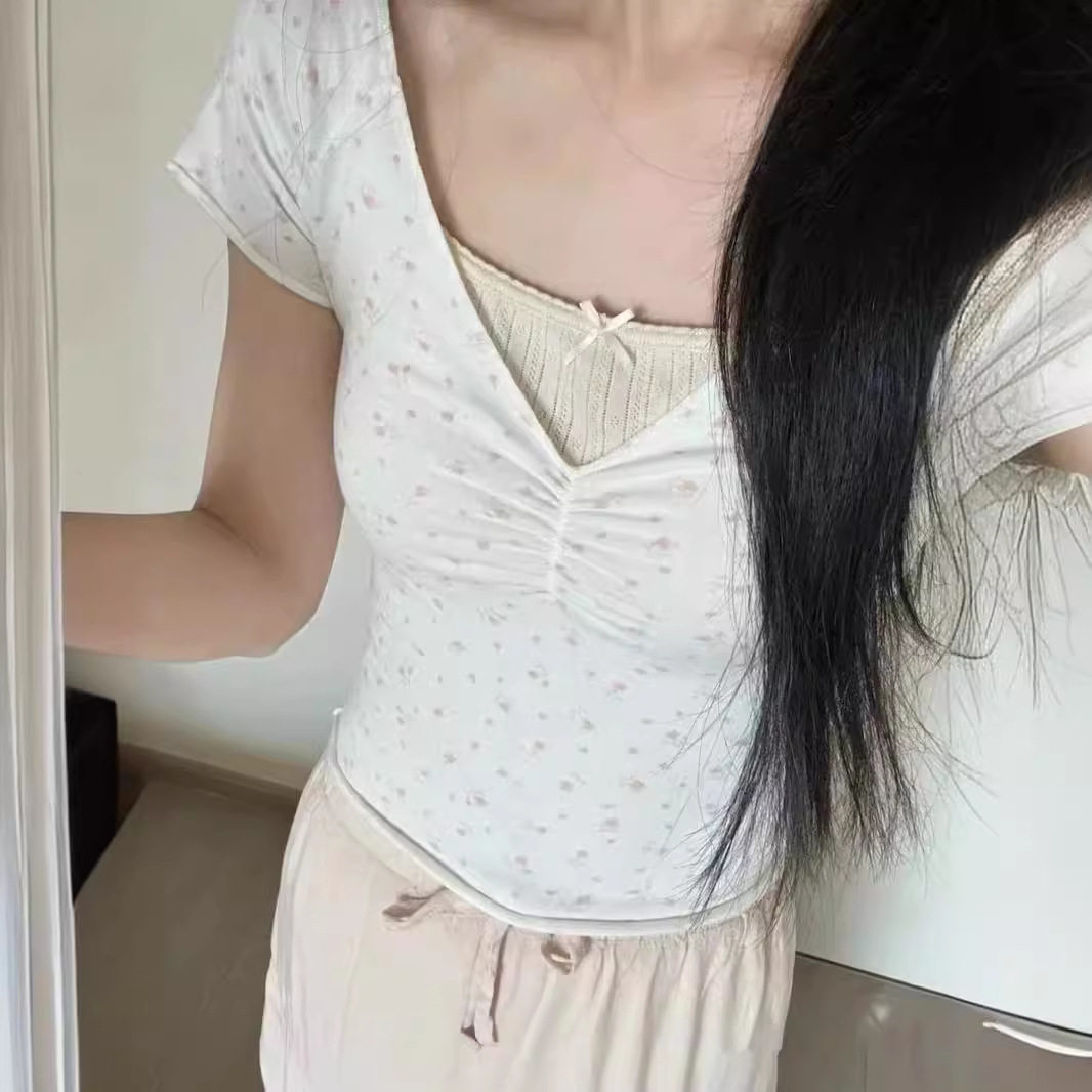 小海鸥美式复古碎花V领短袖