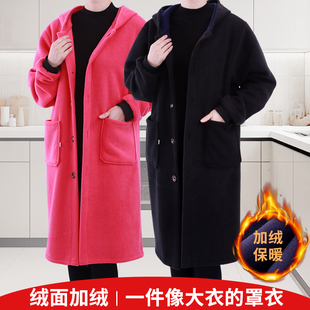 冬天长款 罩衣绒面保暖成人厚外套加绒工作服大褂男女家用厨房围裙