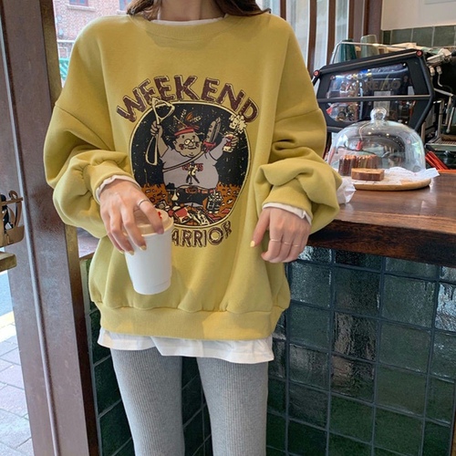 Plush fake two-piece sweater women's clothing autumn and winter new women's clothing loose casual Korean cartoon printed top student