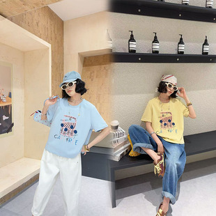 女装 200斤百搭T恤上衣大码 女春季 胖妹妹韩系甜美减龄卡通猫咪短袖