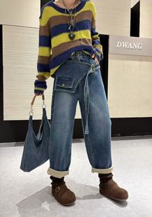 女装 胖妹妹设计感高腰加绒牛仔裤 大码 200斤宽松老爹裤 女秋冬款