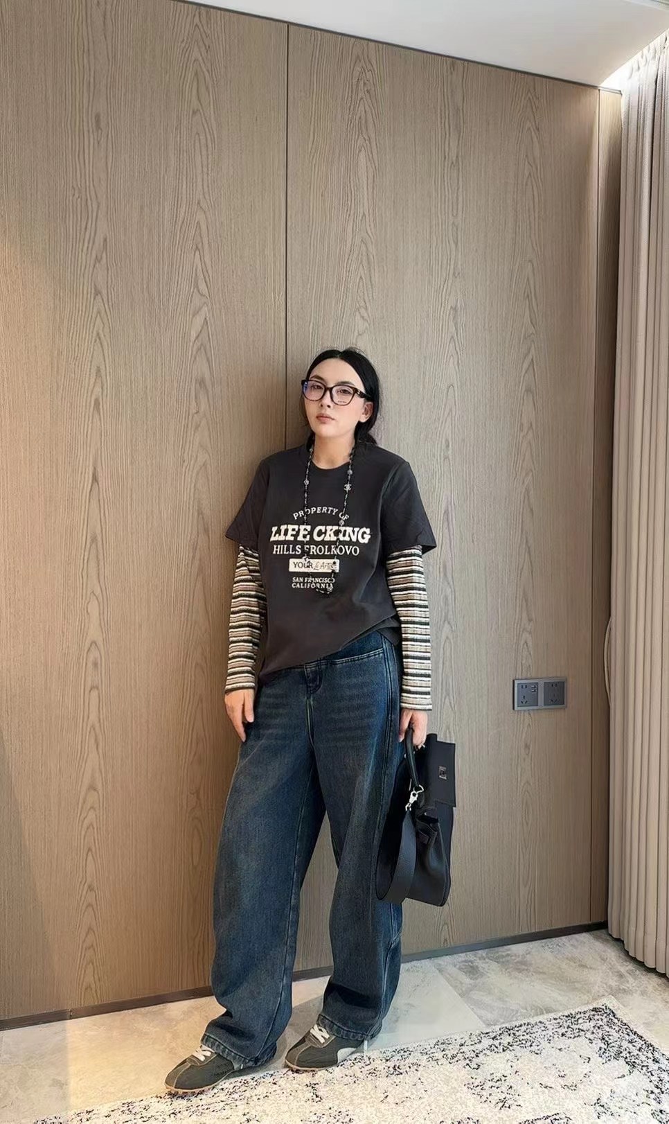 北尧世家美式中长款拼接条纹袖T恤女秋冬款200斤宽松上衣大码女装