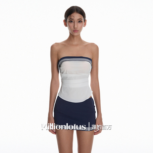 莲的百万  时尚海军风纯欲气质甜酷 蓝白撞色抹胸配蓝白短裙套装