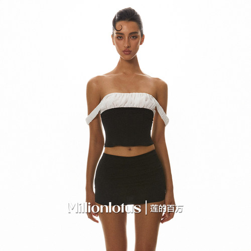 莲的百万 黑白配撞色抽褶上衣百搭性感包臀短裙套装