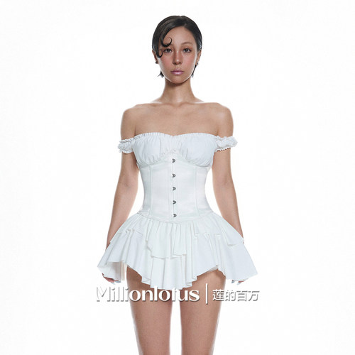 莲的百万迪士尼在逃公主白色抹胸束腰蛋糕裙摆仙女裙荷叶边蓬蓬裙