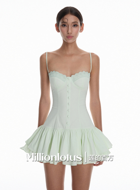 莲的百万  夏日小清新 薄荷绿蕾丝吊带荷叶边连衣裙