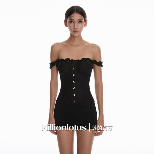 莲的百万  约会战袍 黑色抹胸一字肩套装 鱼骨胸衣+半裙