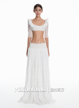 莲的百万 法式度假风 白色荷叶边上衣+高腰大摆半身裙  短裤套装