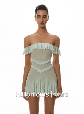 莲的百万 绿色荷叶收腰浪花拼接设计感连衣裙