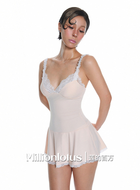 莲的百万 法式纯欲风蕾丝V领吊带连衣裙蕾丝拼接小礼裙约会