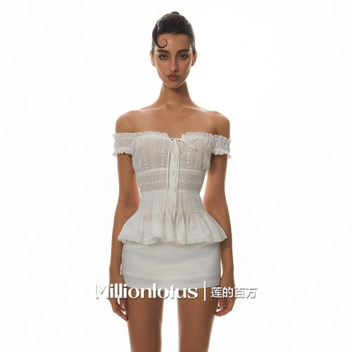 莲的百万 纯欲镂空刺绣花边上衣百搭包臀白裙套装