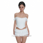 荷叶边短裙套装 纯欲白色一字肩蕾丝束腰缎面短裙 百万 莲